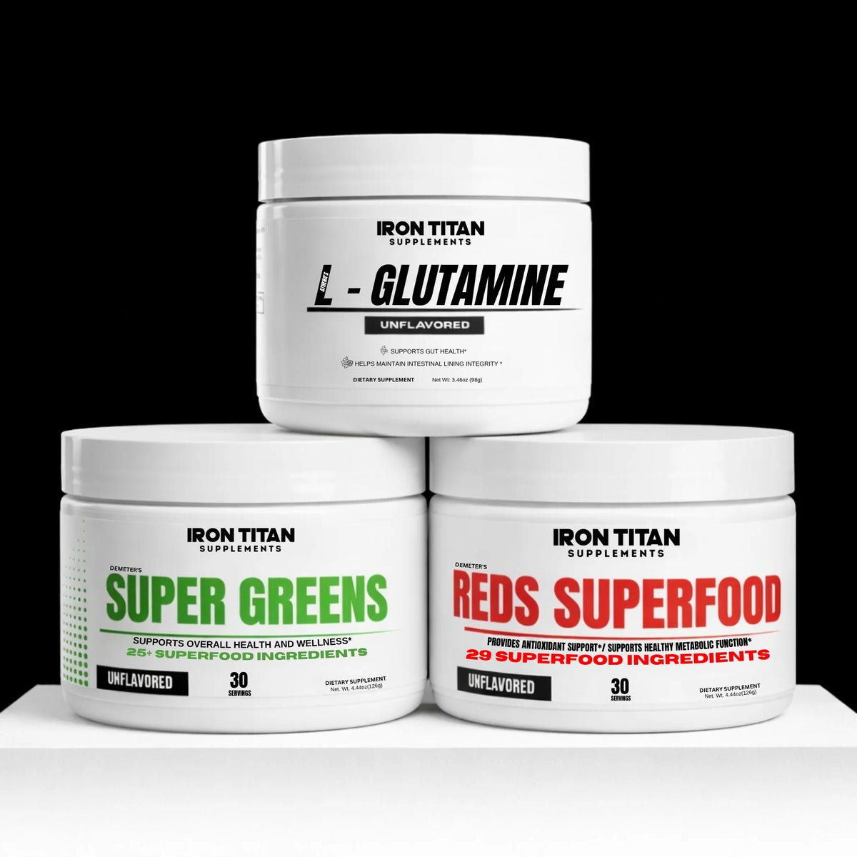 Iron Titan Supplements L-Glutamine, Super Greens, and Reds Superfood wellness stack