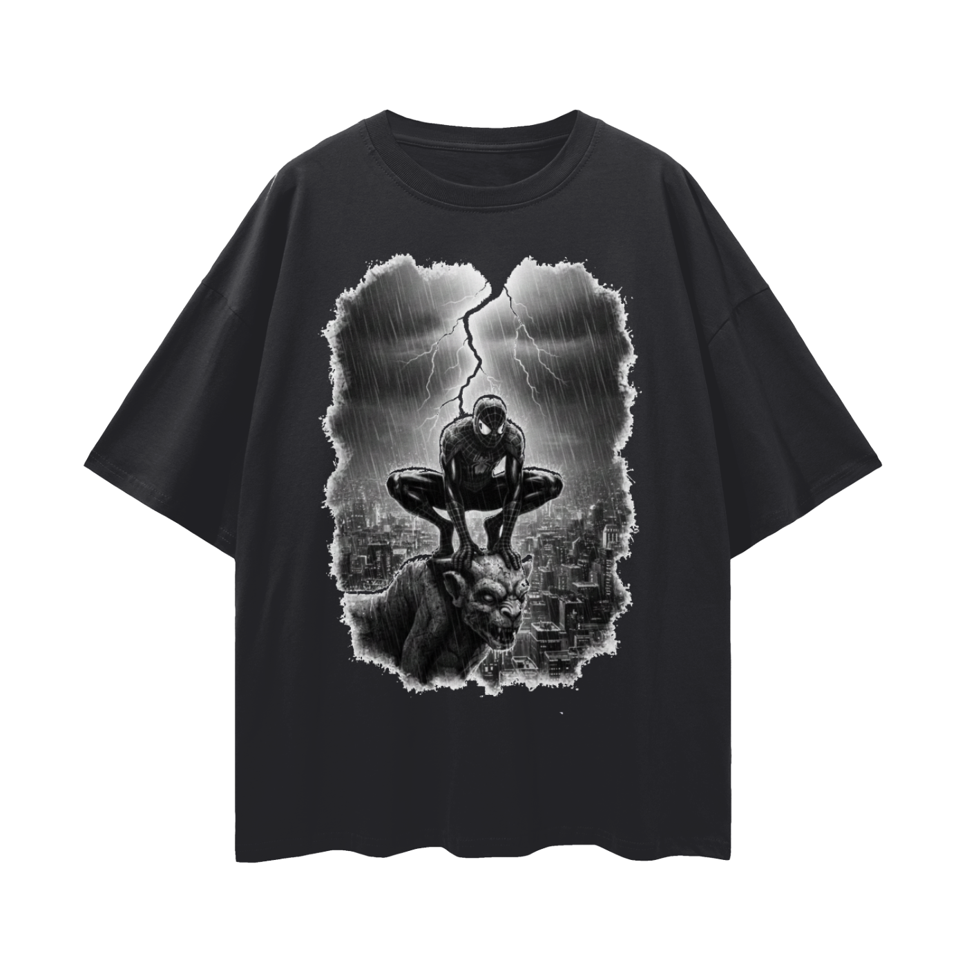 Oversize Black Suit Spiderman Deep Drop Shoulder Tee - 190 GSM