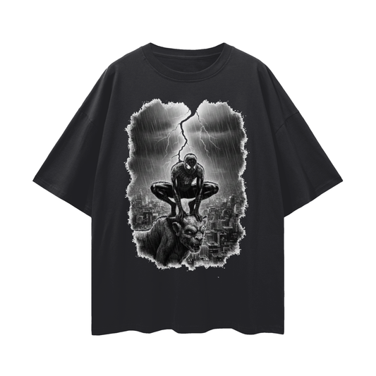 Oversize Black Suit Spiderman Deep Drop Shoulder Tee - 190 GSM